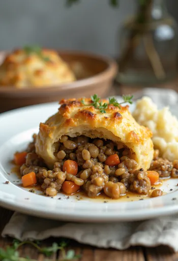 Vegetarischer Haggis mit Linsen und Haferflocken, garniert mit frischer Petersilie.