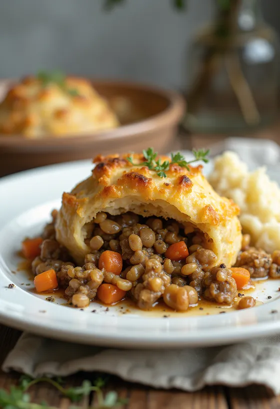 Vegetarischer Haggis mit Linsen und Haferflocken, garniert mit frischer Petersilie.
