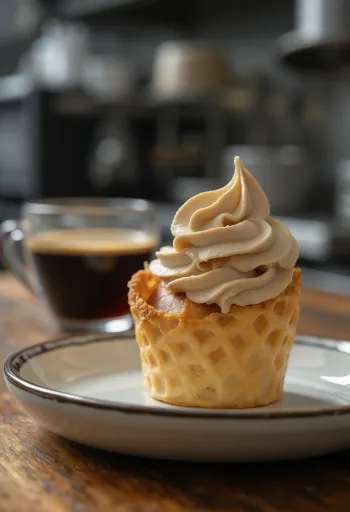Krumkake mit Kaffeecreme serviert, mit geriebener Schokolade
