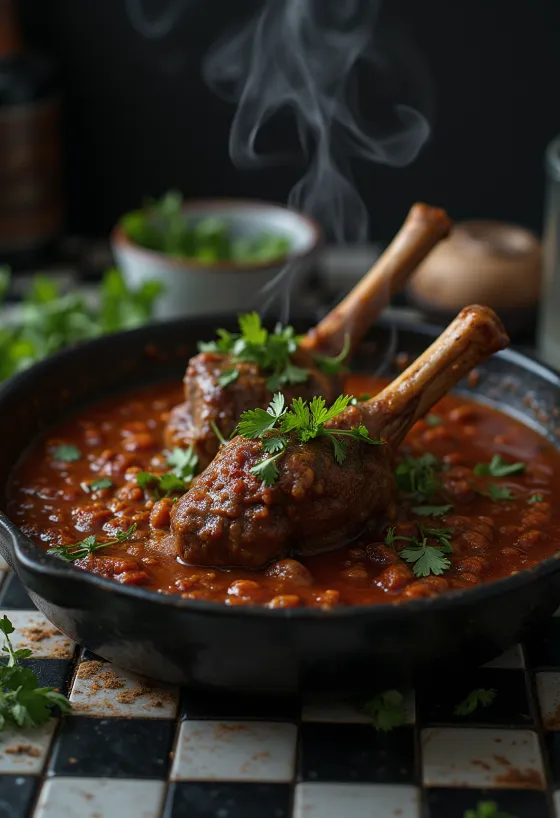 Lammhaxe mit Harissa-Soße serviert