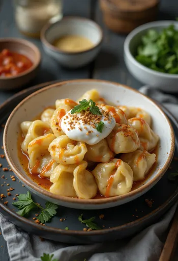 Teller mit Manti Teigtaschen und Joghurt-Sauce