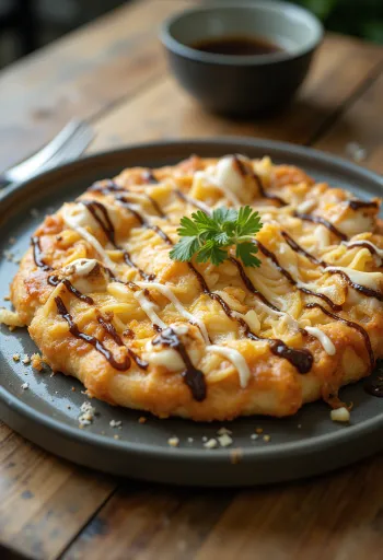 Okonomiyaki Pizza mit Kohl und Bonito-Flocken