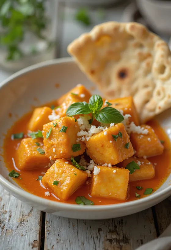 Gebratener Tofu in Thai-Sauce serviert