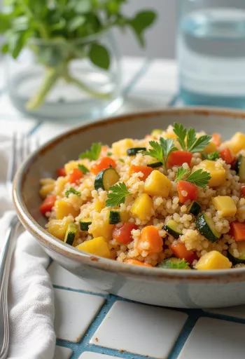 Gemüse-Bulgur serviert mit frischen Paprika-, Tomaten- und Zucchinistücken