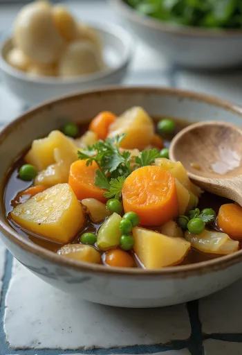 Vegetarisches Nikujaga, serviert mit reichhaltigem, köstlichem Gemüse und frischem Koriander.