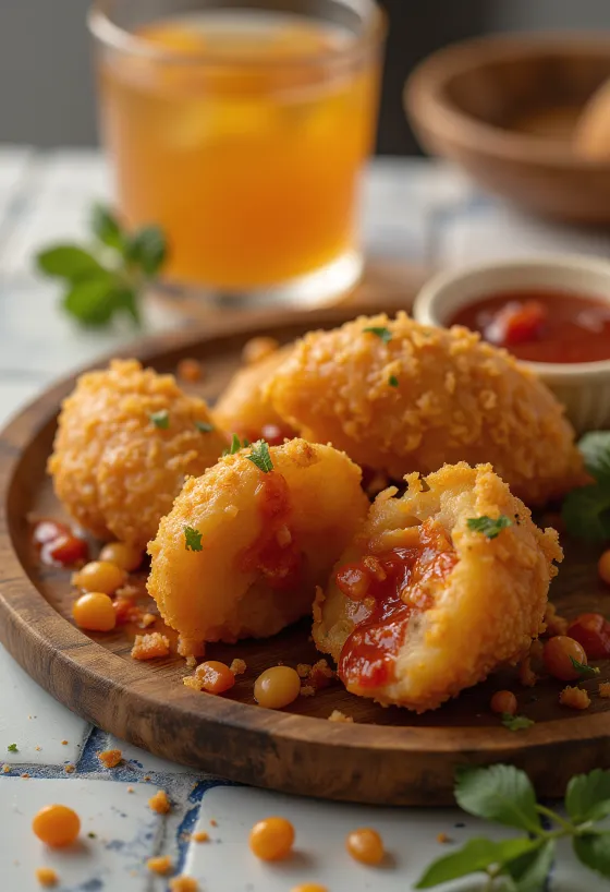 Acarajé mit scharfer Sauce, knusprige Bällchen serviert mit scharfer Sauce und Koriander