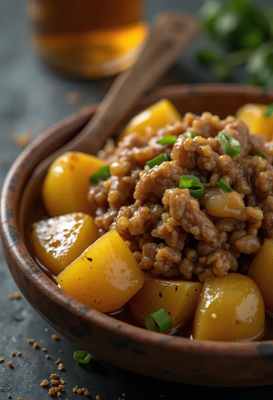 Adobo mit Kartoffeln, würziges Fleisch und knusprige Kartoffeln serviert