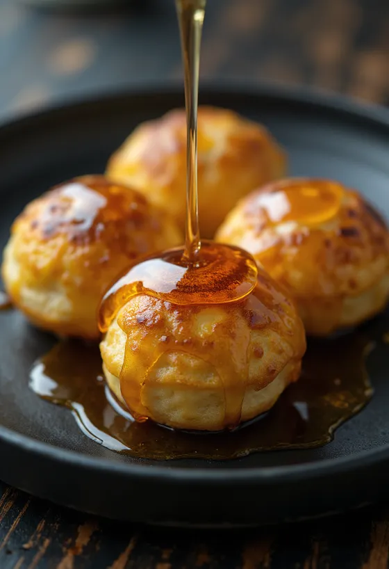 Æbleskiver mit Ahornsirup, frisches Gebäck, goldbraun, serviert mit Ahornsirup