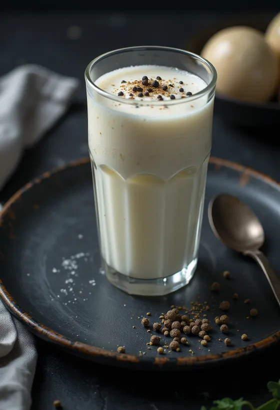 Pfeffer-Lassi im Glas, mit Eiswürfeln garniert