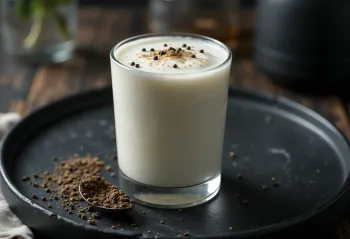 Pfeffer-Lassi im Glas, mit Eiswürfeln garniert