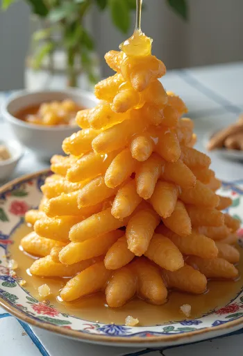 Chak-Chak in Pyramidenform, in Honigsirup getränkte Teigrollen