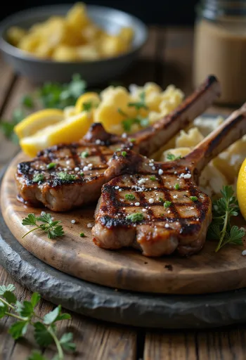 Gegrillte Lammkoteletts serviert mit Rosmarin und Zitrone