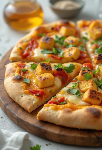 Paneer Tikka Pizza mit Joghurtsoße und Gemüse