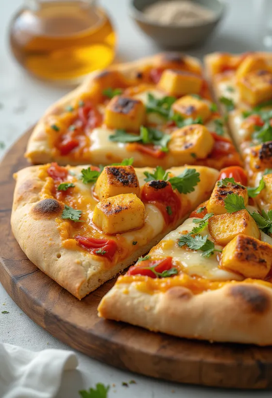 Paneer Tikka Pizza mit Joghurtsoße und Gemüse