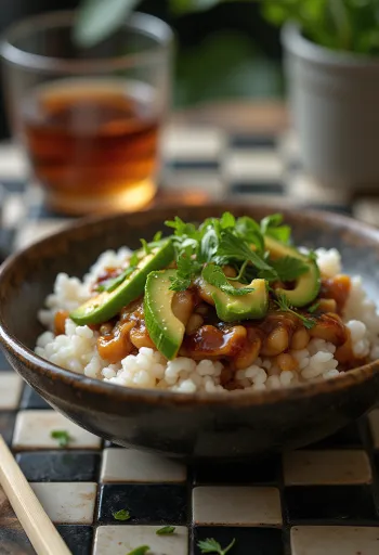 Poké Bowl mit glänzender Teriyaki-Sauce, Gemüse und Reis