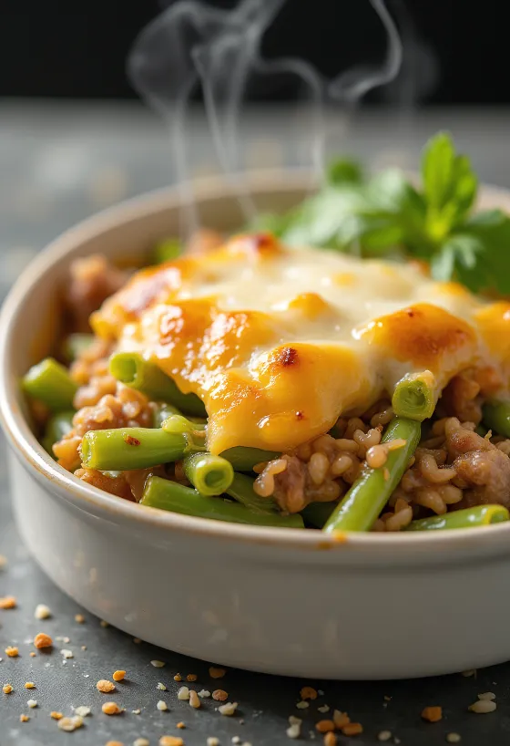 Grüne-Bohnen-Auflauf mit frischem Schmand und überbackenem Käse