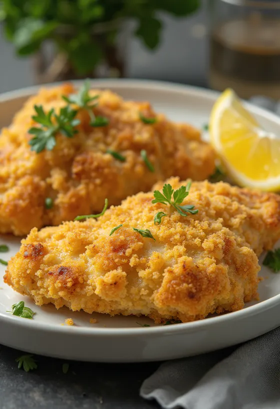 Goldbraun gebratenes Hähnchenschnitzel mit Salat