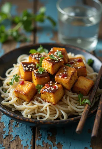 Gebratener Tofu mit Thai-Dressing serviert