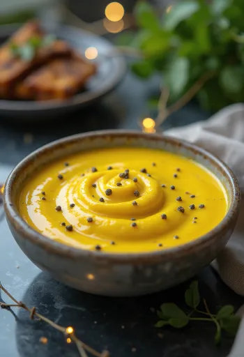 Cremige Kurkuma-Sauce serviert zu gegrilltem Hähnchen