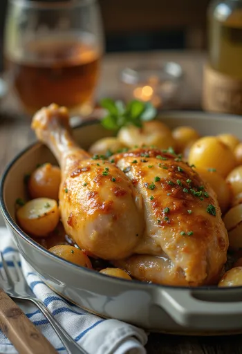 Saftige gefüllte Hähnchenschenkel serviert mit frischem Gemüse und Kartoffeln.