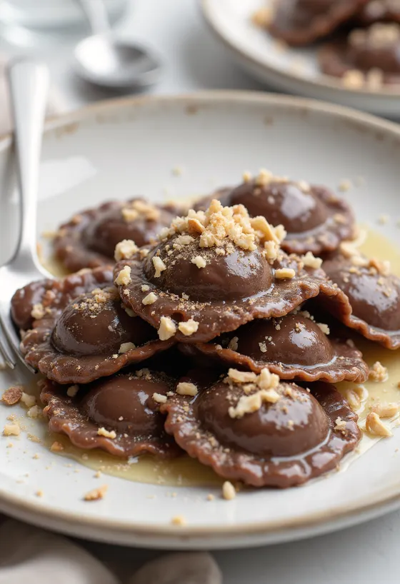 Servierte vegane Schoko-Ravioli