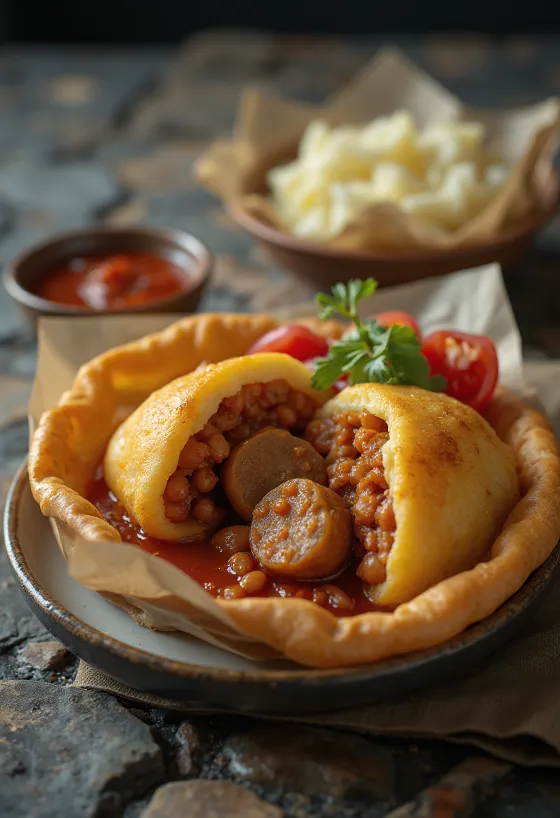 Acarajé mit Wurst würzigen Bohnen und frischer Petersiliendeko