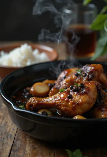 Hähnchen-Adobo, in Sojasauce gekocht, serviert mit Reis