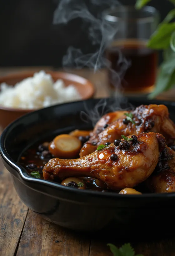 Hähnchen-Adobo, in Sojasauce gekocht, serviert mit Reis