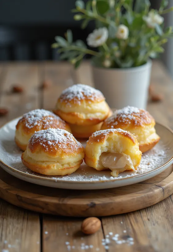 Æbleskiver mit Mandelfüllung, bestreut mit Puderzucker, in einer Schüssel serviert