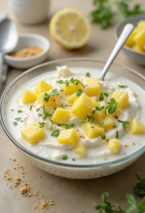 Ananas-Raita mit frischem Joghurt und grünen Kräutern