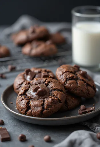 Reichhaltige Schoko-Cookies mit geschmolzener Schokolade und Puderzucker bestreut