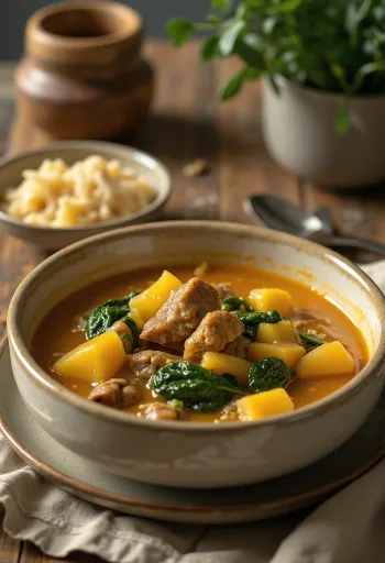 Egusi-Suppe mit Ziegenfleisch, reichhaltige, würzige Suppe, serviert mit frischem Gemüse