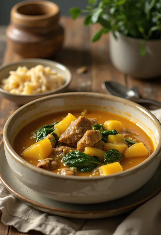 Egusi-Suppe mit Ziegenfleisch, reichhaltige, würzige Suppe, serviert mit frischem Gemüse
