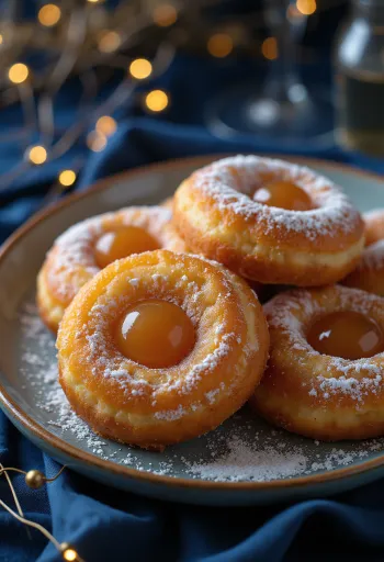 Faschingskrapfen mit Puderzucker und Marmelade