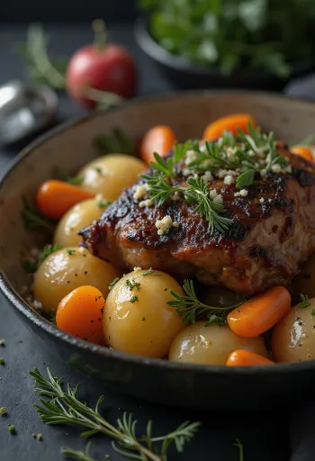 Gebratenes Murmeltierfleisch serviert auf einer Platte mit Wurzelgemüse.