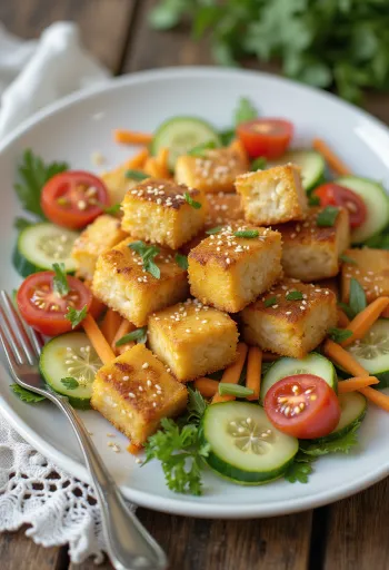 Gebratener Tofu serviert auf frischem Gemüsesalat