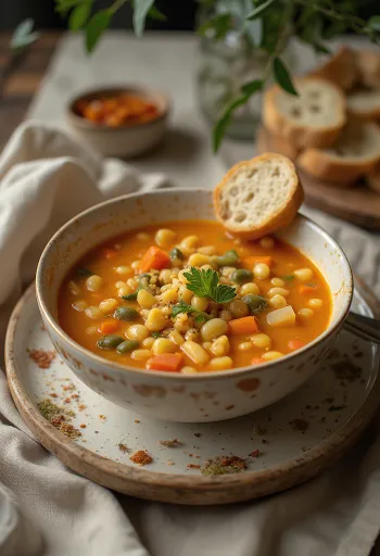 Tarhonya-Suppe in dampfender Schüssel, serviert mit frischem Gemüse.