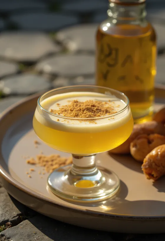 Hausgemachter Eierlikör in der Flasche, mit Muskatnuss bestreut.