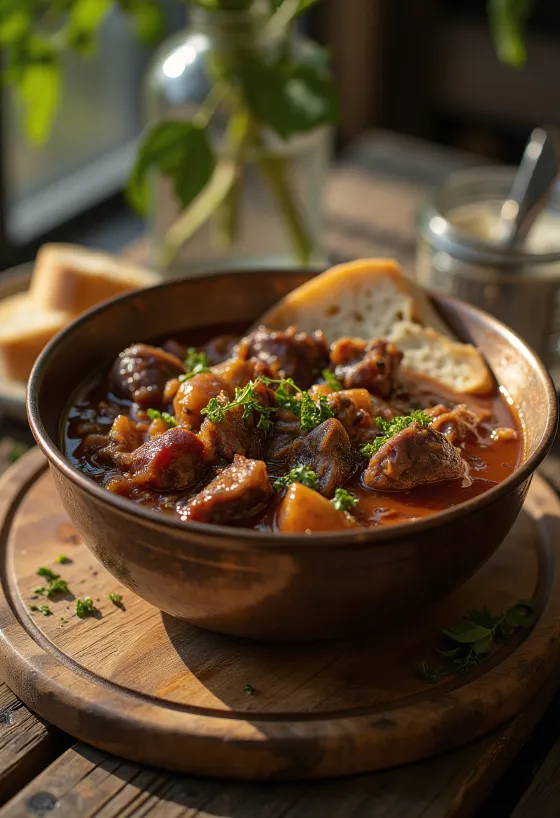 Wildschweingulasch mit saftigen Fleischstücken, serviert mit Kartoffelbeilage
