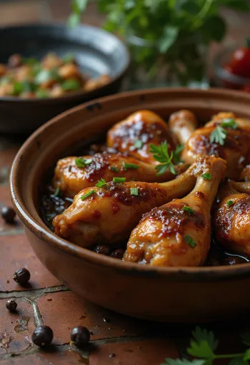 Adobo mit Fleisch serviert in Sojasauce und Weißweinsauce dekoriert mit frischen Kräutern