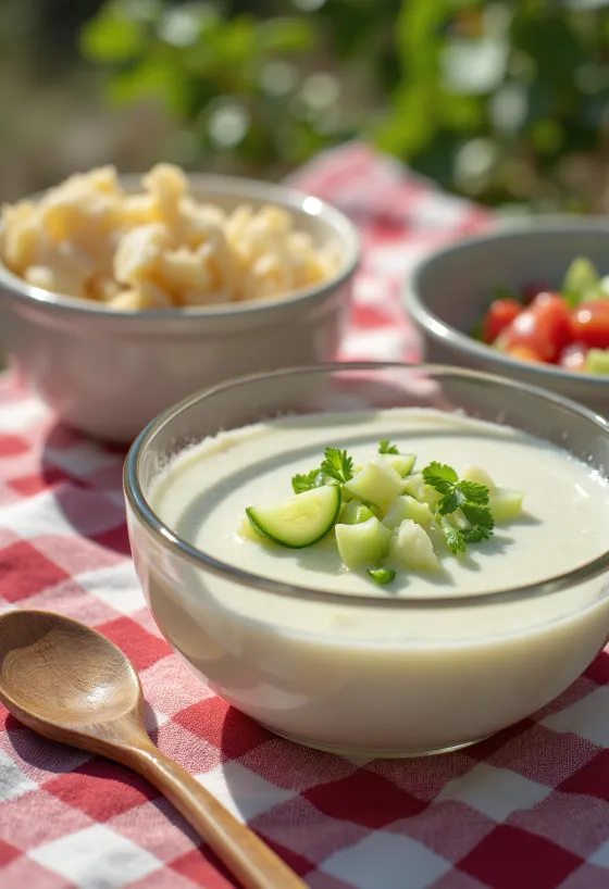 Ajo Blanco mit Gurke, frische und kalte spanische Suppe mit Mandeln und Gurke
