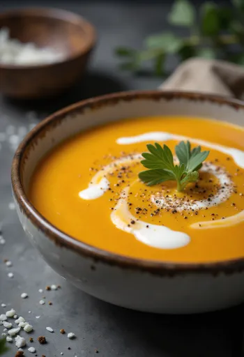 Süßkartoffel-Cremesuppe serviert mit Kokosmilch und Petersilie