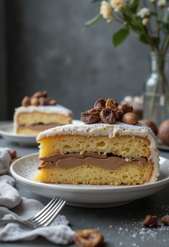 Kastanientorte in Stücke geschnitten, mit Schokolade verziert