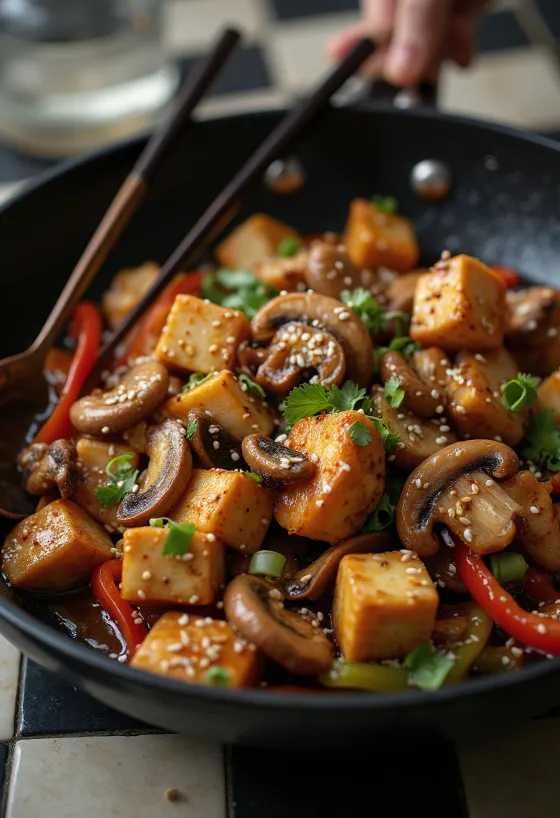 Tofu-Pilz-Wok mit gebratenem Gemüse und Sojasauce