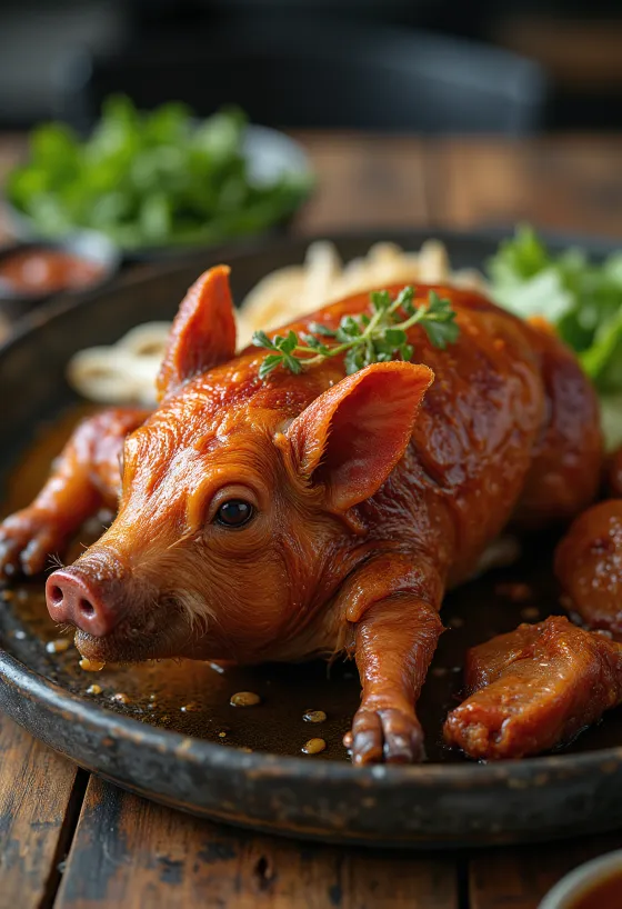 Lechon, gebratenes Spanferkel mit knuspriger Haut serviert