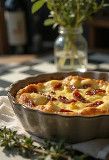 Rustikal servierte Quiche mit Mozzarella und getrockneten Tomaten