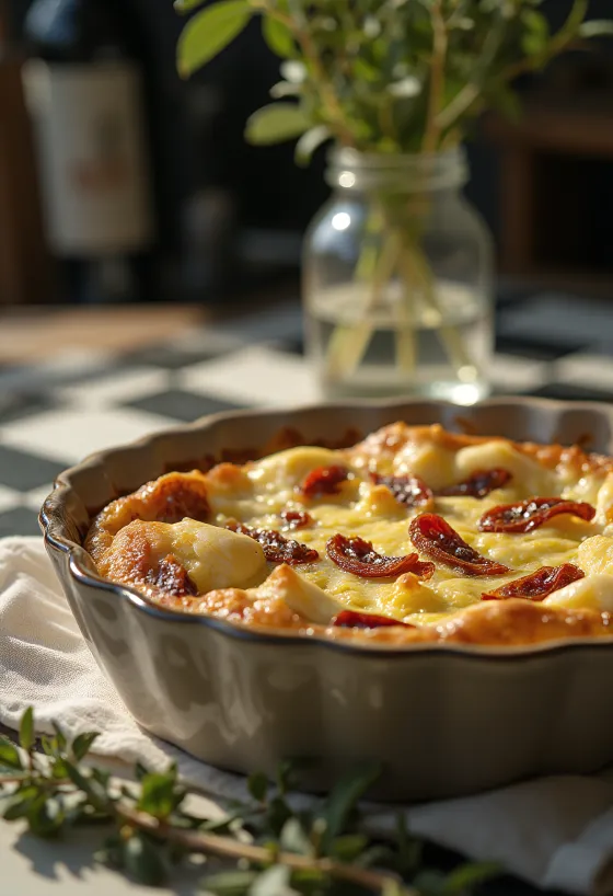 Rustikal servierte Quiche mit Mozzarella und getrockneten Tomaten
