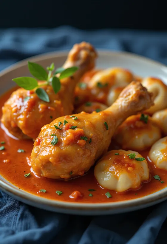 Saftiges Paprikahuhn in Paprika-Rahm-Sauce, serviert auf einem weißen Teller