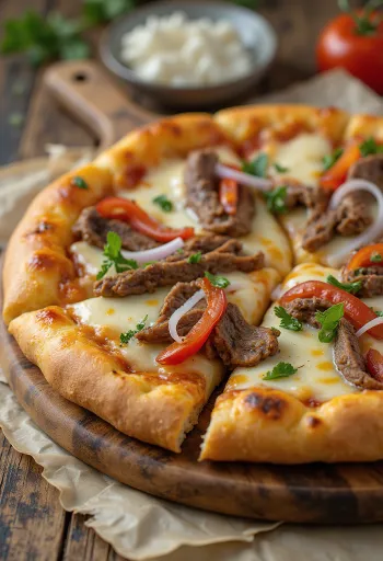 Philly Cheesesteak Pizza mit Steakstreifen und Paprika
