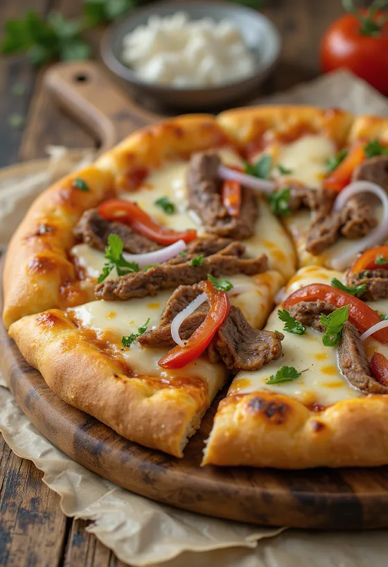 Philly Cheesesteak Pizza mit Steakstreifen und Paprika